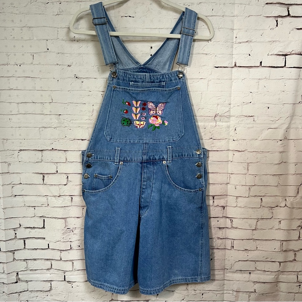 Vtg No Boundaries Butterfly Embroidery Denim Overalls Y2K Shortall Medium Shorts